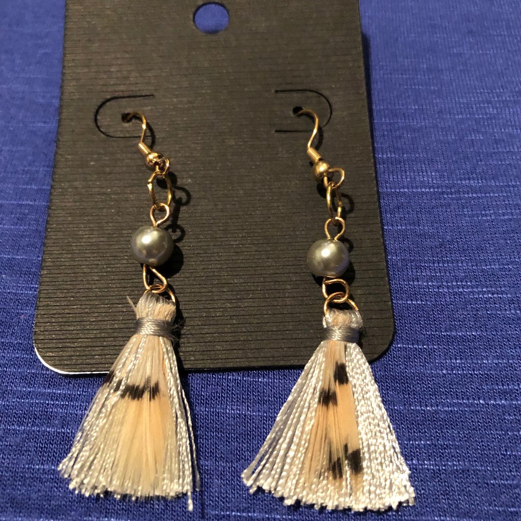 Grey Tassel And Pheasant Feather Earrings